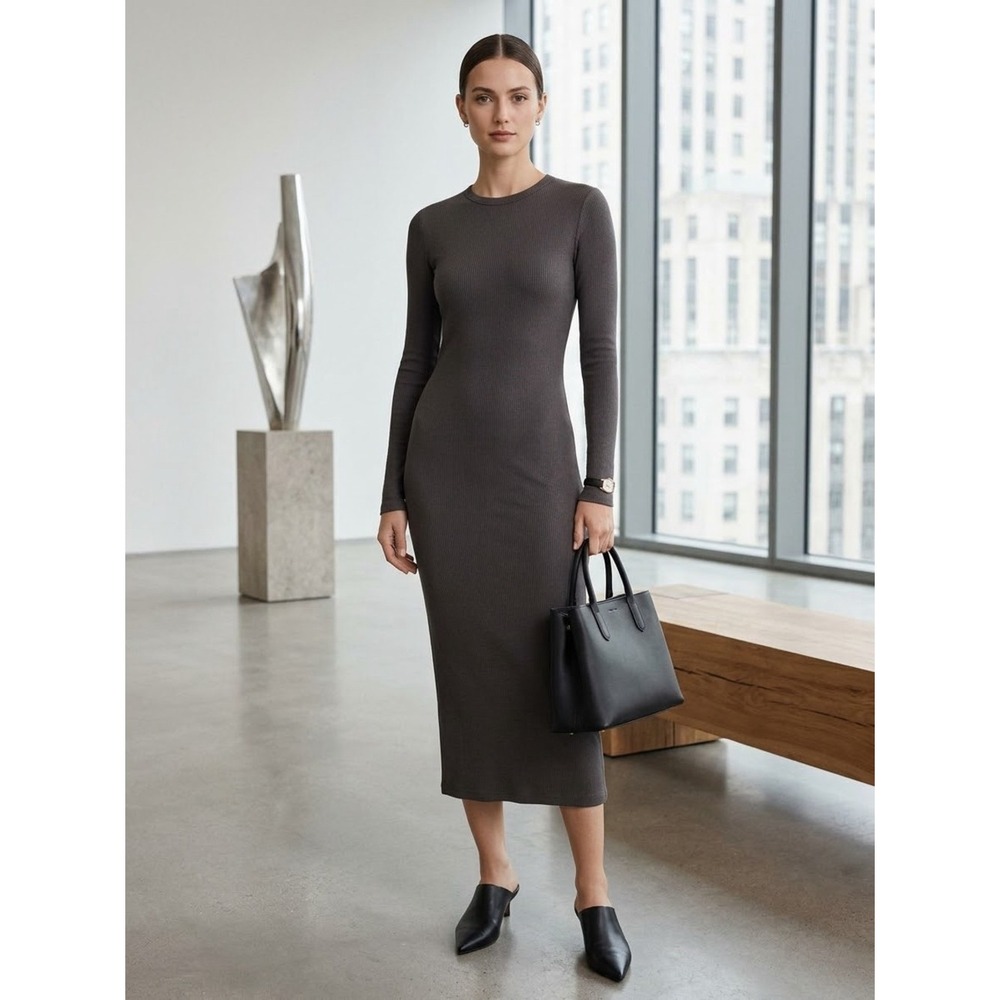 Uniqlo Charcoal Grey Ribbed Long Sleeve Crewneck Midi Dress M Minimalist Elevate